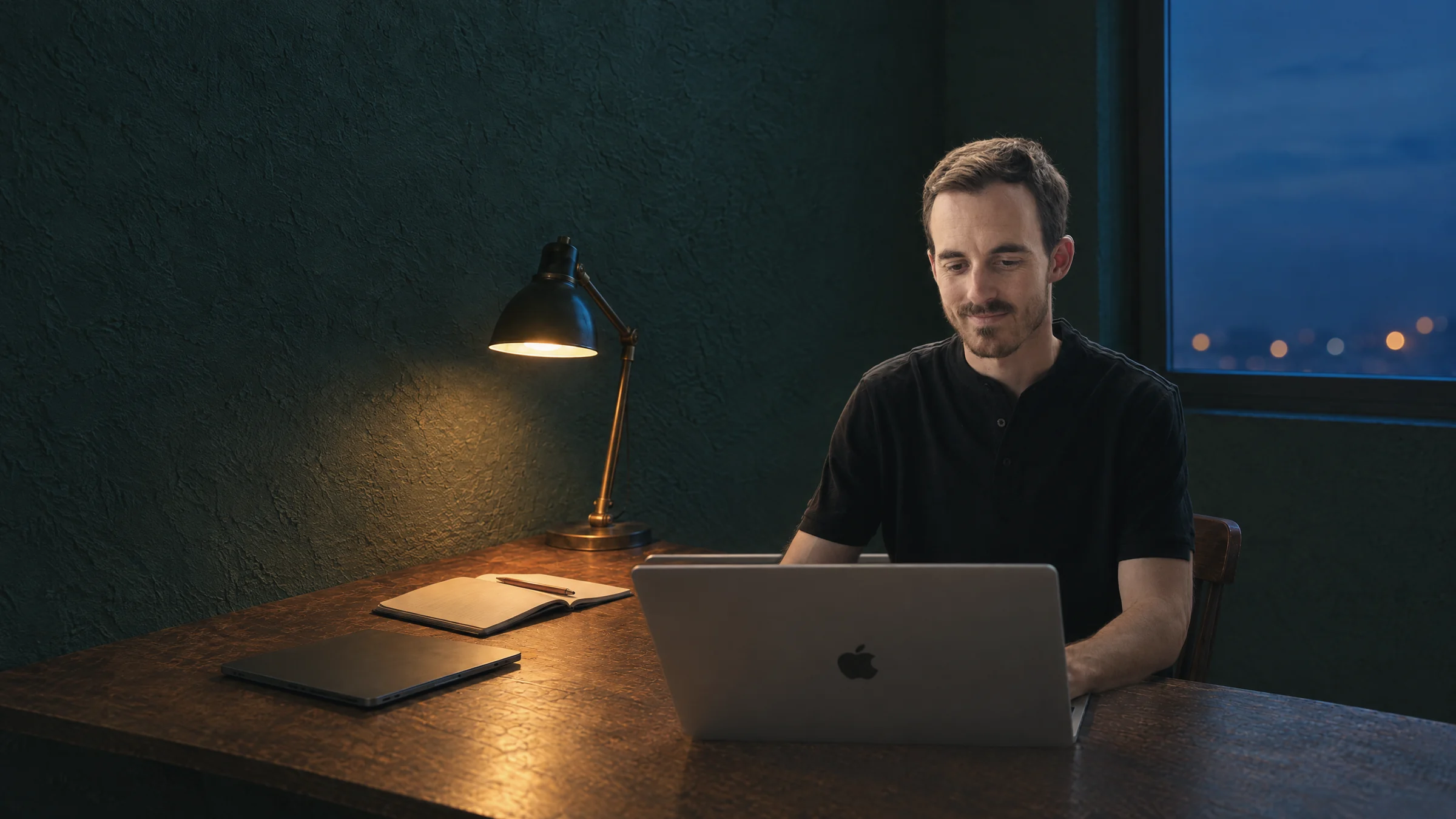 Beeri Tzori at his desk in the evening